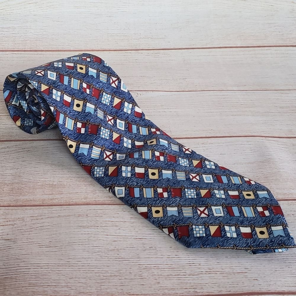 Mystic Seaport Museum 100% Silk Flag Print Tie Red Blue International Flags